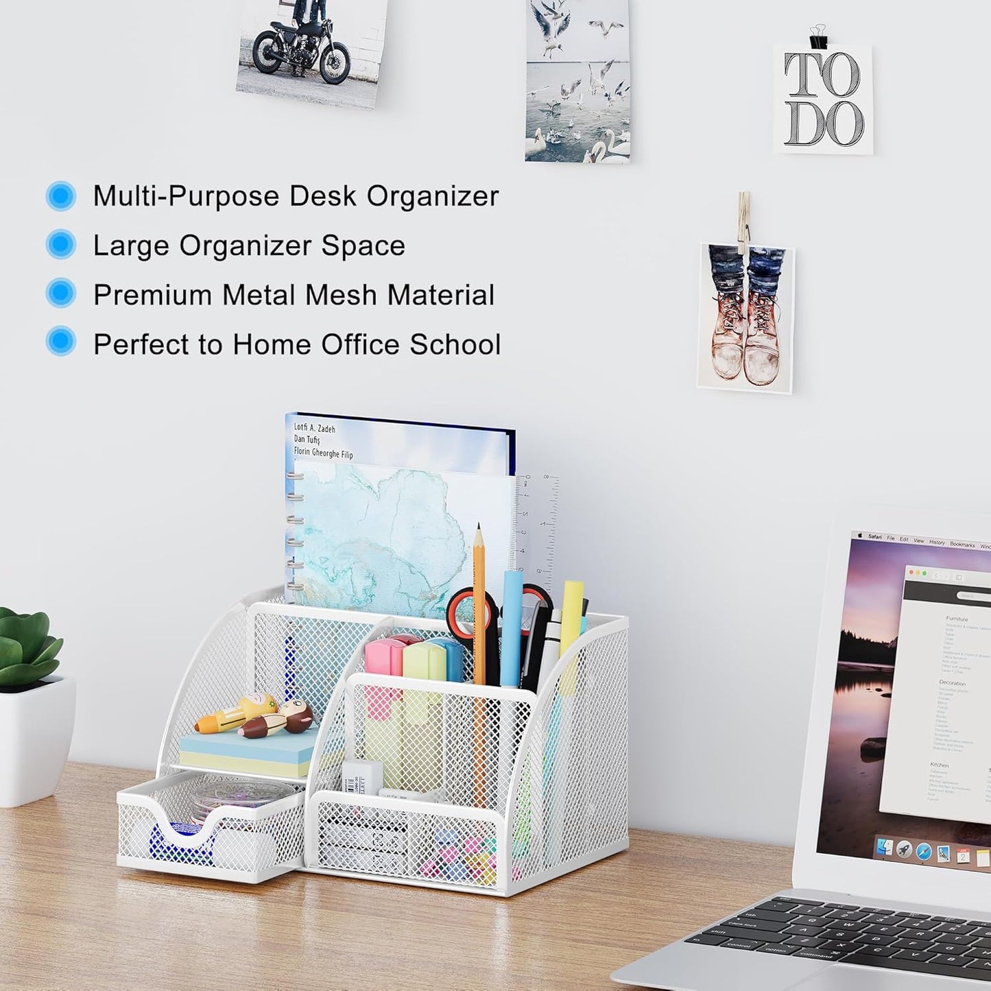 EasyPAG Mesh Desk Organizer with Drawer Multi-functional Pen Holder Stationery Organizer for Office School Supplies 6 Compartments Dorm Organizers and Storage for Desk, Black