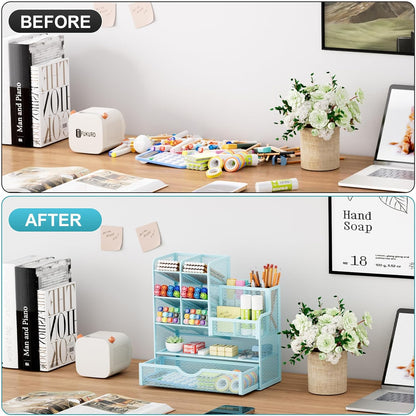 Marbrasse Mesh Pen Holder for Desk, Multi-Functional Pencil Organizer with Drawer, Desk Organizers and Accessories for Office Art Supplies (Black)