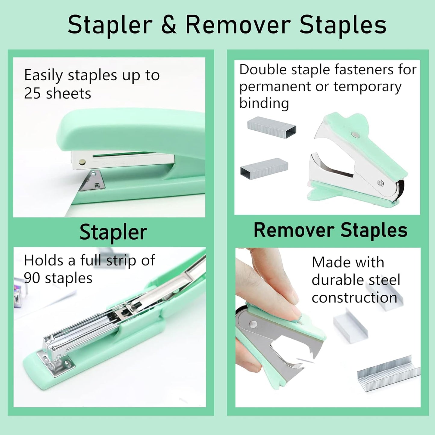 Famassi Rose Gold Desk Accessories，Office Supplies Set Acrylic Stapler Set Staple Remover, Tape Holder, 2 Ballpoint Pen, Scissor, Binder/Paper Clips and 1000pcs Staples.