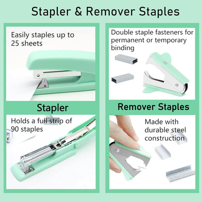 Famassi Rose Gold Desk Accessories，Office Supplies Set Acrylic Stapler Set Staple Remover, Tape Holder, 2 Ballpoint Pen, Scissor, Binder/Paper Clips and 1000pcs Staples.