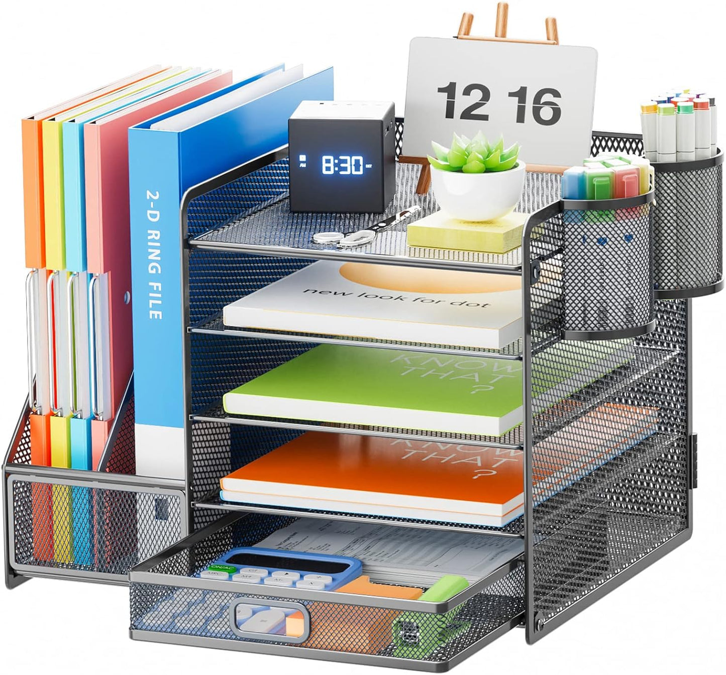 Marbrasse Desk Organizer with File Holder, 5-Tier Paper Letter Tray Organizer with Drawer and 2 Pen Holder, Mesh Desktop Organizer and Storage with Magazine Holder for Office Supplies(Black)