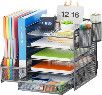 Marbrasse Desk Organizer with File Holder, 5-Tier Paper Letter Tray Organizer with Drawer and 2 Pen Holder, Mesh Desktop Organizer and Storage with Magazine Holder for Office Supplies(Black)