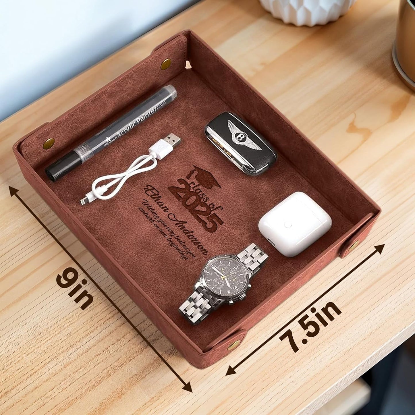 Engraved Leather Valet Tray for Men – Personalized Catchall with Custom Name for Desk, Dresser, Nightstand – Men's Organizer Tray for Keys, Wallet, Jewelry, Personalized Gift for Home, Office - Coffee