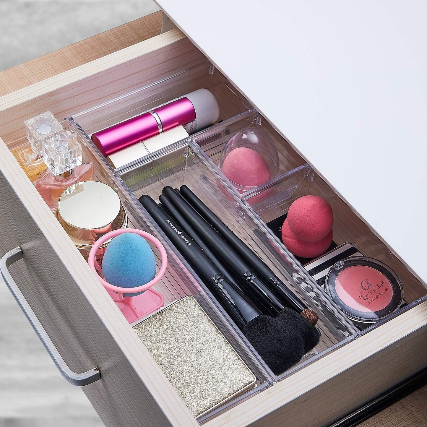 DCA 44 PCS Clear Drawer Organizers Set, 4 Size Versatile Bathroom and Vanity Organizer Trays, Cosmetic Display Cases for Makeup, Jewelries, Bedroom, Kitchen Utensils and Office