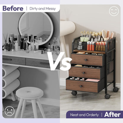 SWTYMIKI Rolling Makeup Organizer Cart - Under Desk Vanity Makeup Storage with 3 Non-woven Drawers, Nail Cart Organizer Cosmetic Display Cases Cabinet for Skin Care Perfume Nail Polish Brush Hair Tool