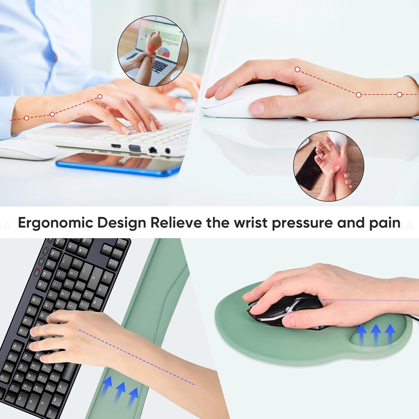 Ergonomic Keyboard Mouse Pad Wrist Rest Support Set for Laptop/Computer/Desktop,Memory Foam Hand Rest Wrist Cushion for Gaming/Office,Lightweight Comfortable & Pain Relief (Flowers)