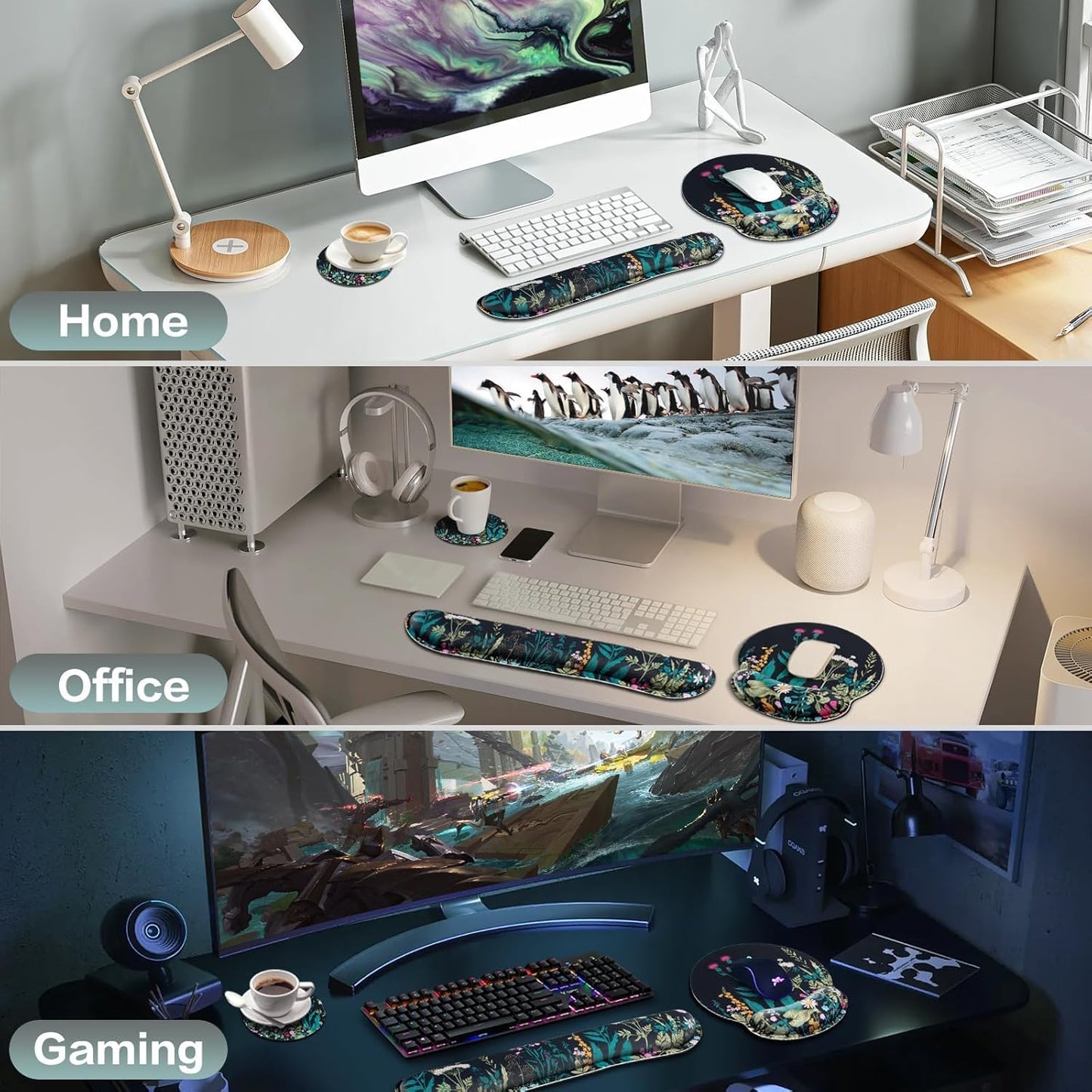 Mouse Pad with Wrist Rest Set, Qomolama 3-in-1 Wrist Support Mouse Pad Set, Floral Gaming Mousepad with Anti-Skid Base,Ergonomic Mouse Pad,Memory Foam Keyboard Gel Wrists Rest
