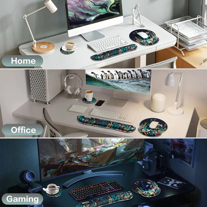 Mouse Pad with Wrist Rest Set, Qomolama 3-in-1 Wrist Support Mouse Pad Set, Floral Gaming Mousepad with Anti-Skid Base,Ergonomic Mouse Pad,Memory Foam Keyboard Gel Wrists Rest