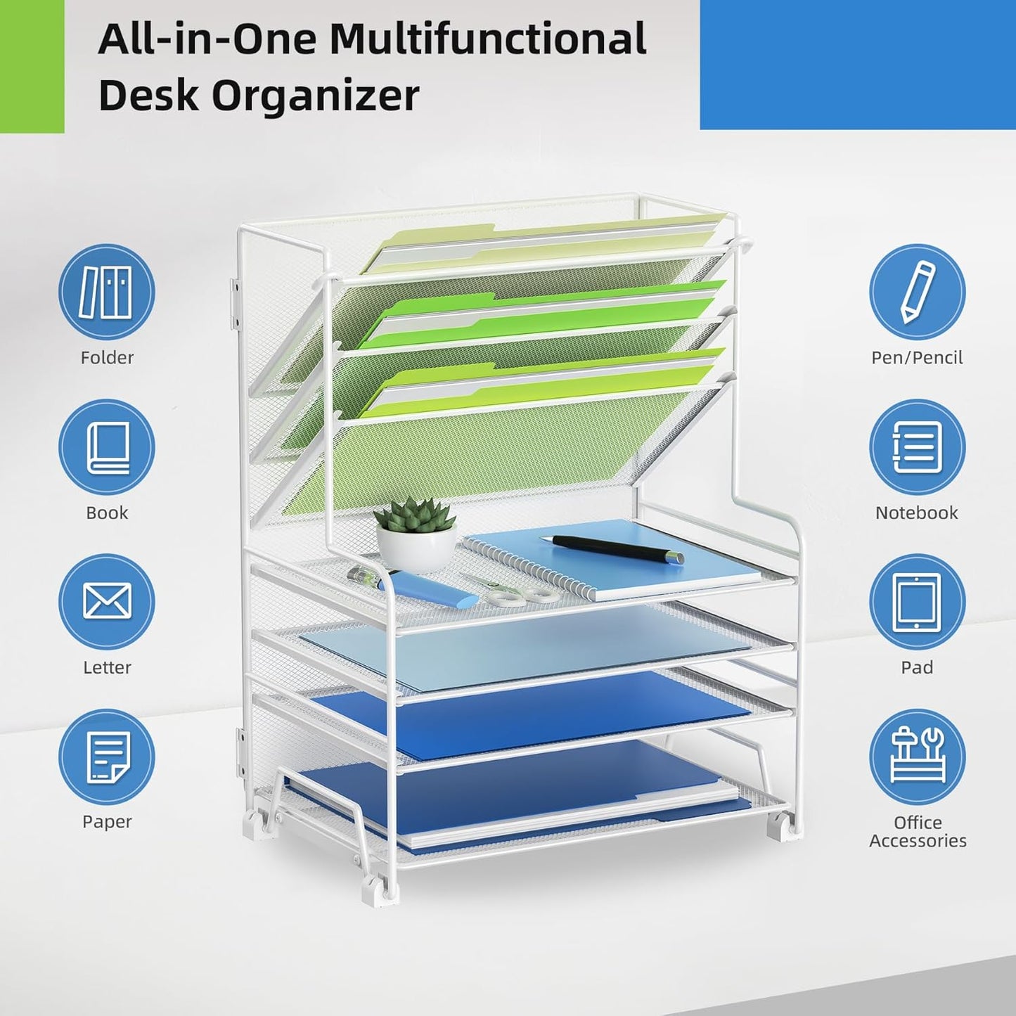 MINDEPOT 4-Tier Paper Organizer + 3-Pocket File Holder + Drawer + Pen Holders, Desktop File Organizers Paper Tray for Office Accessories School Classroom Organization (Black)
