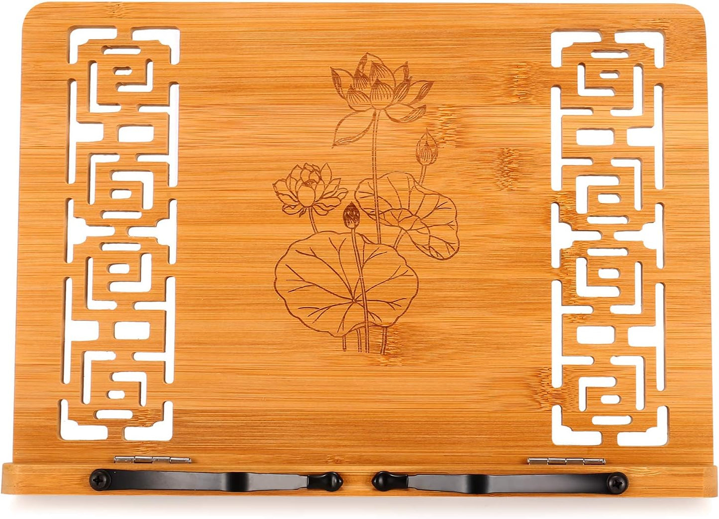 MEGREZ Bamboo Book Stand (13.2 x 9.4 inch) for Reading, Kitchen Cookbook Holder, Adjustable for Tablet/Textbook, Hollow Bookrest, Panda