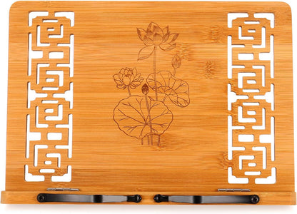 MEGREZ Bamboo Book Stand (13.2 x 9.4 inch) for Reading, Kitchen Cookbook Holder, Adjustable for Tablet/Textbook, Hollow Bookrest, Panda