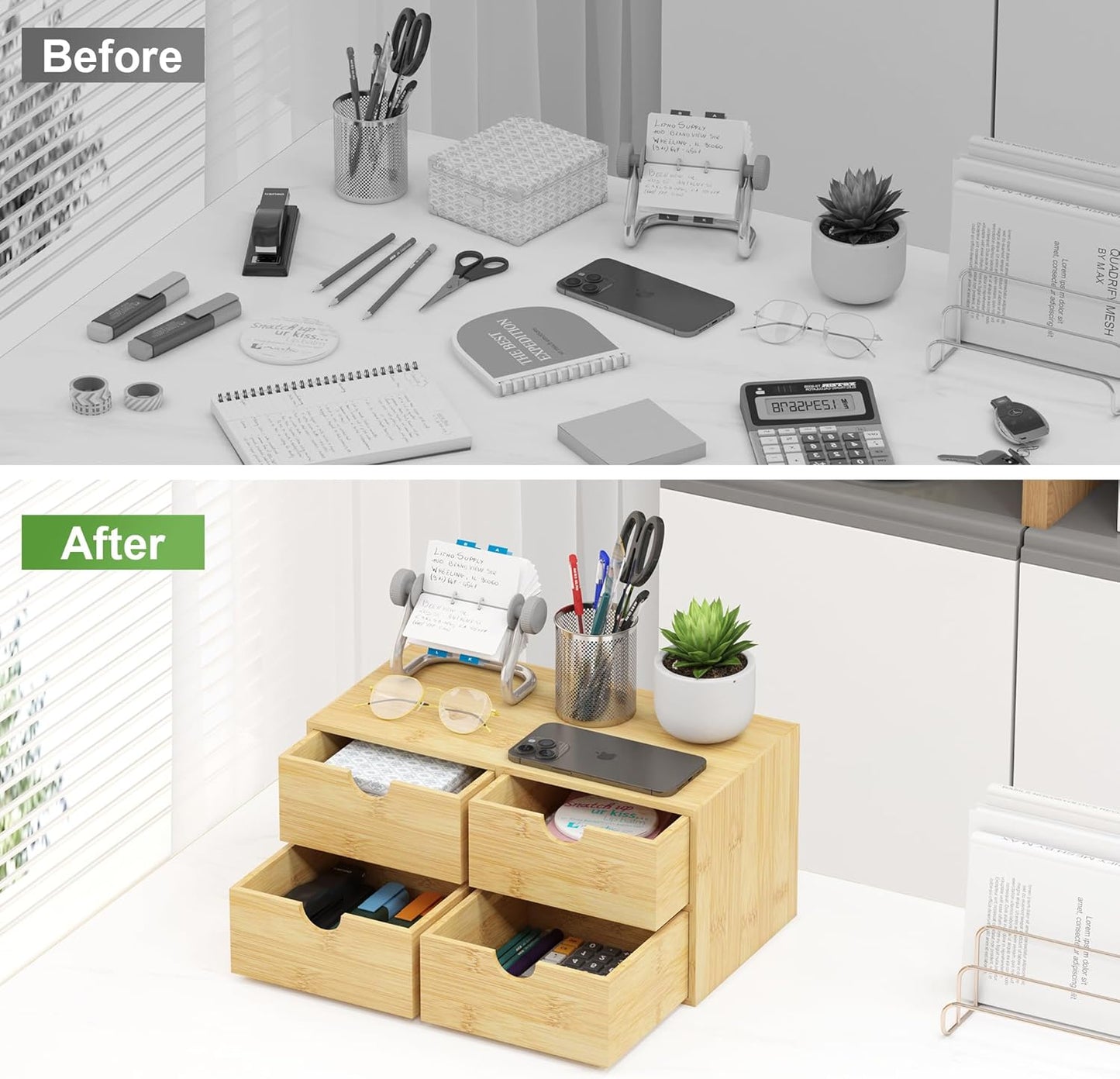 Bamboo Desk Organizer with Drawers - Small Desktop Storage Container for Countertop & Tabletop - No Assembly Required