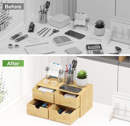 Bamboo Desk Organizer with Drawers - Small Desktop Storage Container for Countertop & Tabletop - No Assembly Required