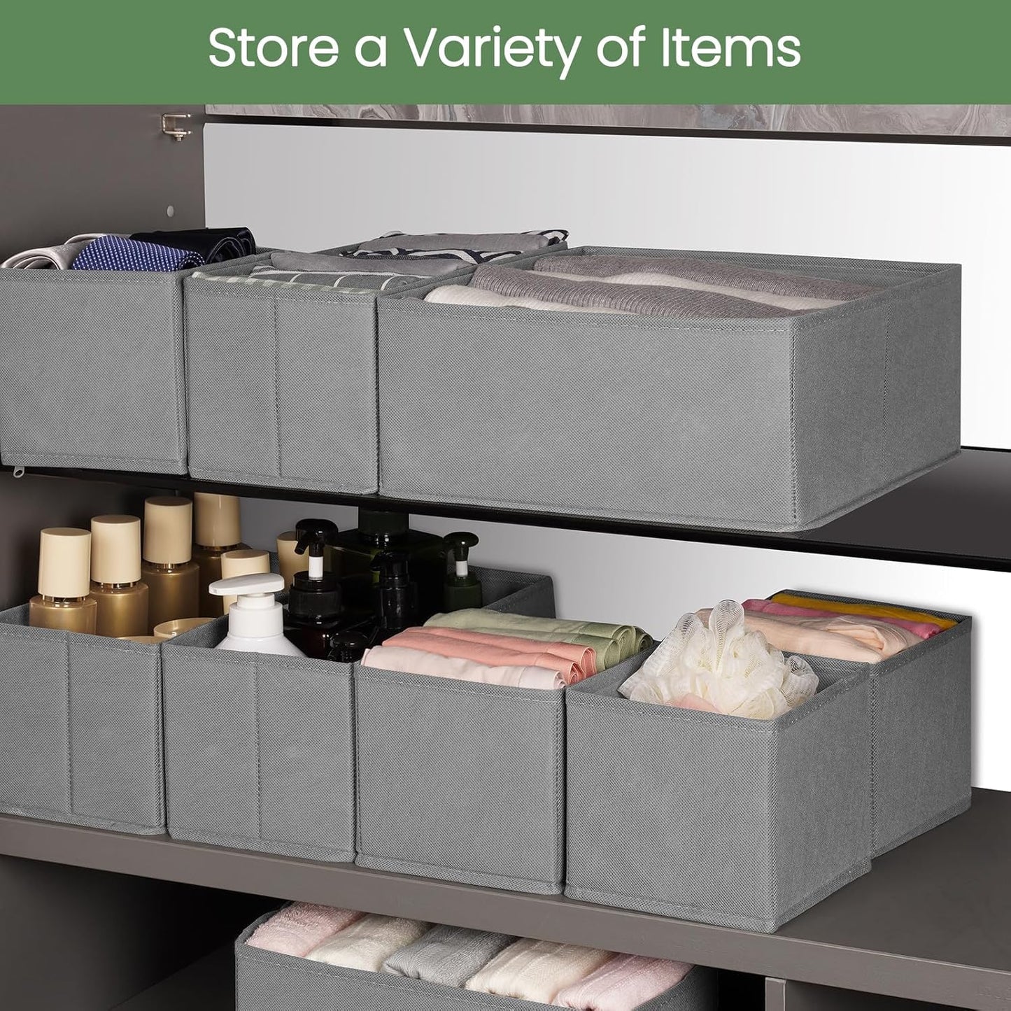Criusia Drawer Organizer Clothes, 8 Pack Underwear Organizer, Foldable Closet Organizers and Storage Dresser Dividers for Clothes, Socks, Scarves, Ties (Gray)