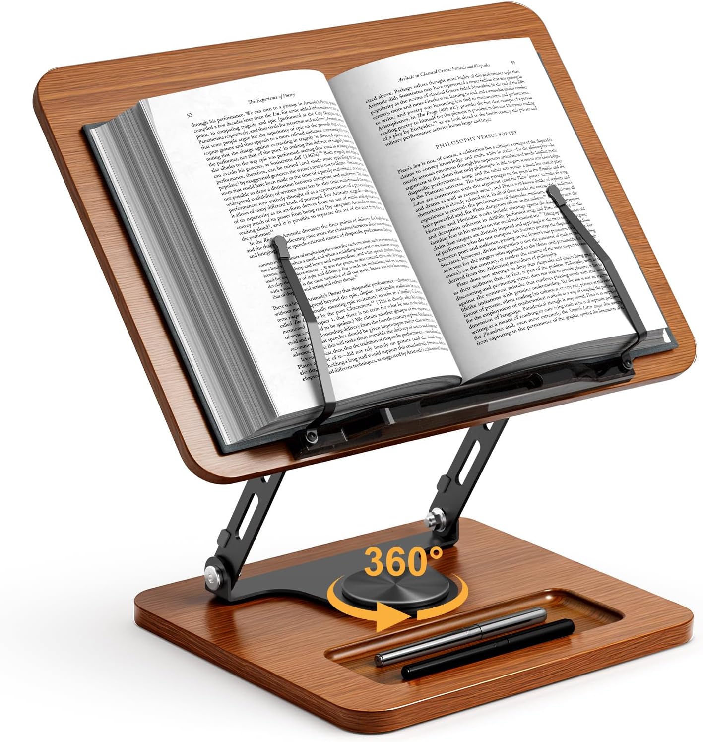 Book Stand for Reading, 360° Rotating Hands Free Book Holder, Adjustable Height and Angle, Page Clip for Cookbook, Recipe, Magazine, Laptop,Tablet, Foldable for Kitchen, Office, School