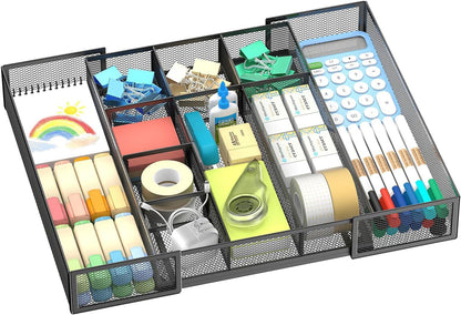 Expandable Desk Drawer Organizer Tray with 10 Adjustable Compartments, Metal Mesh Office Drawer Organizer, Versatile Desk Organizer for Home, School Supplies, Makeup Vanity & Jewelry (Black)