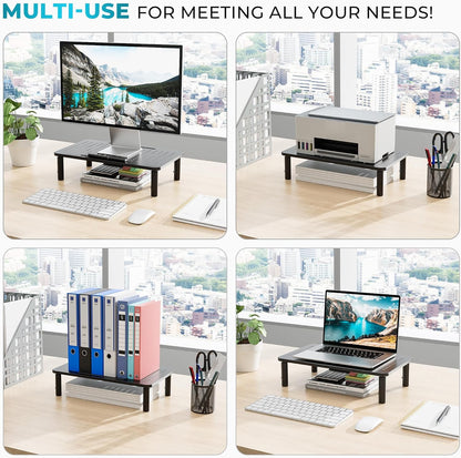 BONTEC Monitor Stand 2 Pack Height Adjustable Metal Riser with Pen Holder, Black, 14.5” x 9.1”, Ergonomic Desktop Stand for Computer, Printer, Laptop, Adjustable Desk Riser with Cable Management