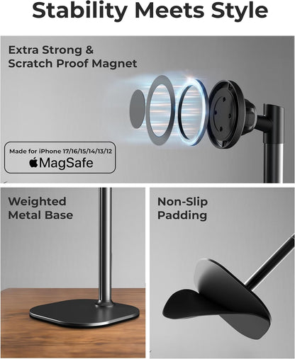 COOPER MagStand, Adjustable Magnetic iPhone Stand for Desk & Phone Holder for Video Recording, Compatible with MagSafe, Stand for iPhone 17 Pro Max, 16/15/14/13/12, Small Mag Safe Tripod (Black)