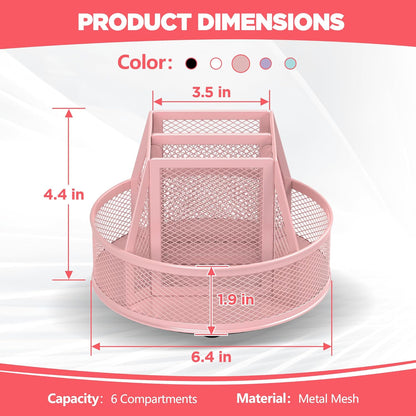 Docnest Mesh 360 Degree Rotating Pen Holder with 6 Compartment,Metal Pencil Cup Art Supply Storage Box Caddy,Teacher Stationery and Dorm Supplies Desk Organizer for Pencil,Sticky Note,Scissors-Pink