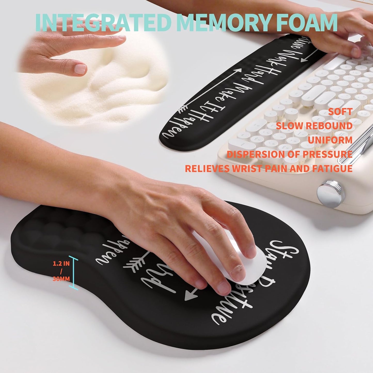 2-in-1 Ergonomic Set, Wave Rise Keyboard Wrist Rest and Massage Bulge Slope Mouse Pad Wrist Support, Cushion Memory Foam Integrated to Relieve Wrist Pain, Black