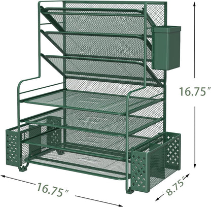 Simple Trending 7 Tier Desk File Organizer, Letter Tray Paper Organizer with Pen Holder and Metal Hanging Basket, Black