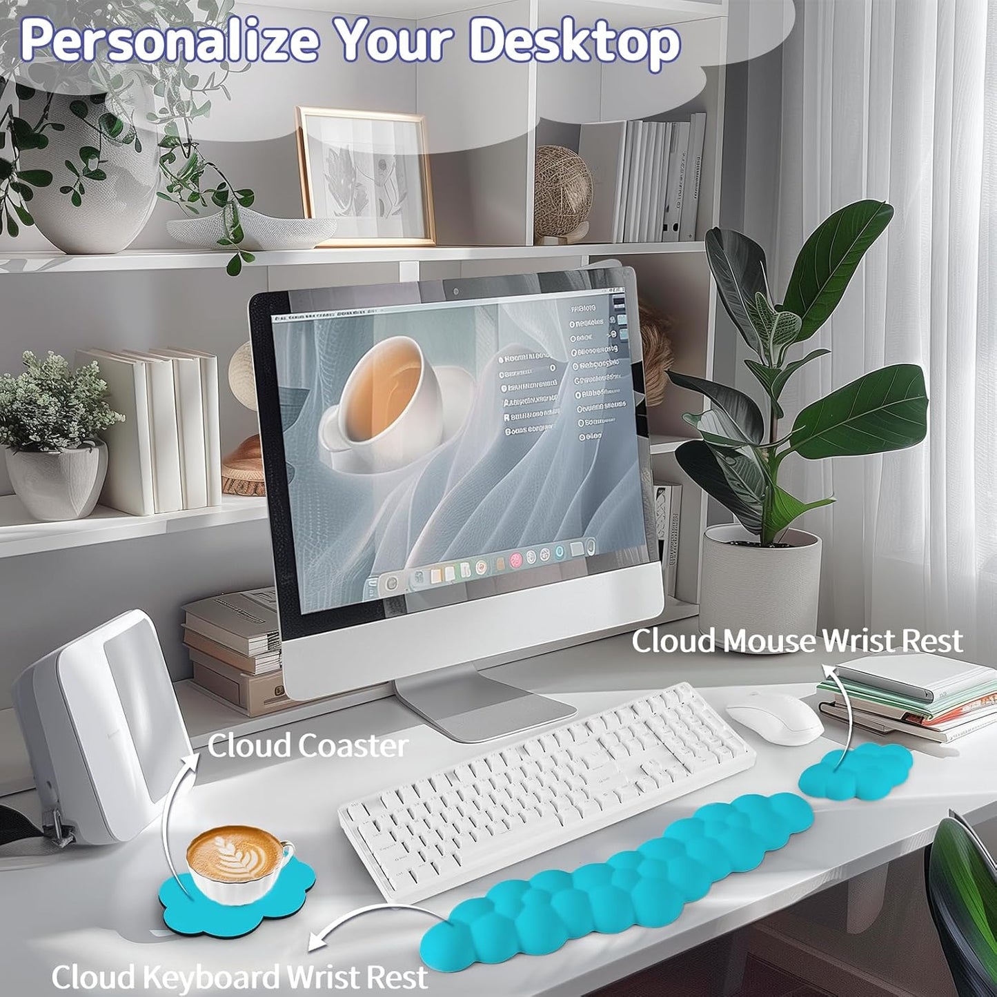 Sushret Cloud Wrist Rest for Keyboard and Mouse, Memory Foam PU Leather Keyboard Wrist Rest with Ergonomic Support, Non-Slip Base, Cute Arm Rest Pad & Palm Cushion, Office Desk Accessory, White
