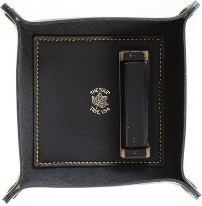 USA Handmade Premium Leather Valet Tray, Folds Flat! Dice Rolling Basket and Organizer with Brass Snaps - Reinforced Base - for Keys, Jewelry, Coin, EDC, Watch Storage Caddy - Black XLarge