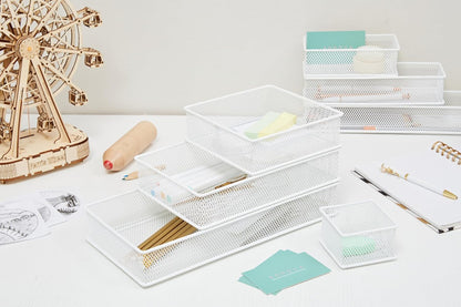 Annova Stackable Mesh Drawer Cabinet and Shelf Organizer Bins Storage Basket School Office Supply Holder Tray- Set of 2 (Gold, 3x3x2 Inch)