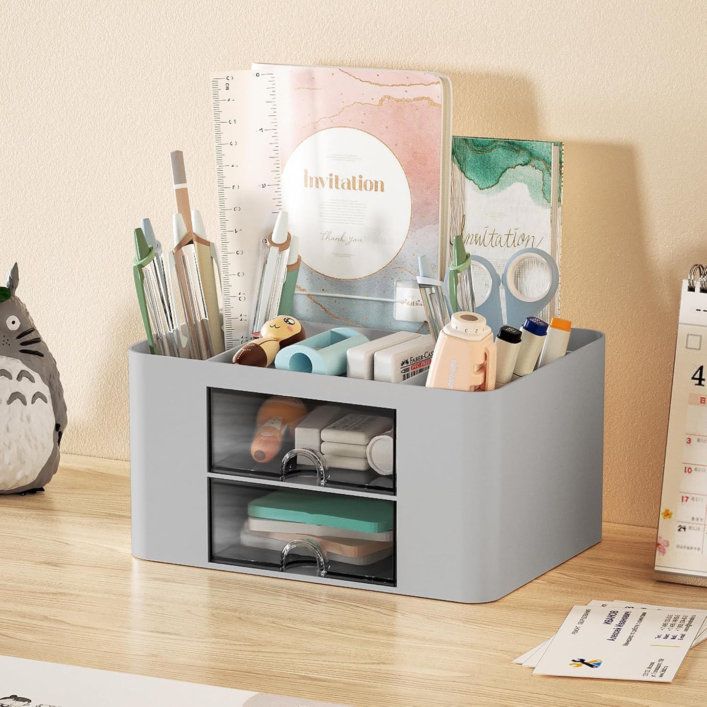 Marbrasse Pen Organizer with 2 Drawer, Multi-Functional Pencil Holder for Desk, Desk Organizers and Accessories with 5 Compartments + Drawer for Office Art Supplies (White)