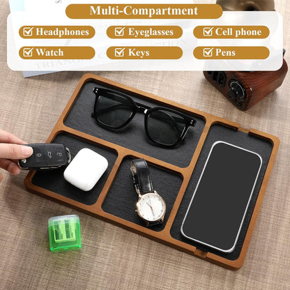Walnut Wooden Valet Tray for Men, PU Leather Inlay Nightstand Organizer, Bedside Table Tray with Cable Slot for Keys, Phone, Watch, Jewelry