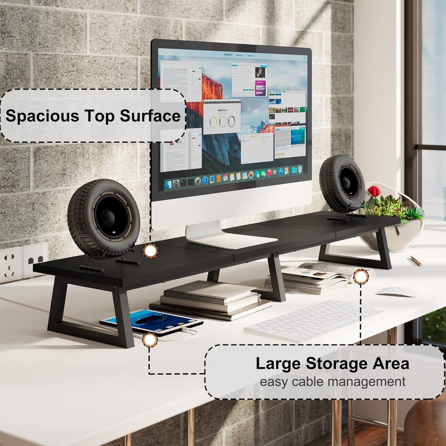 TEAMIX 42 inch Large [Dual] [Monitor] [Riser],Rustic Brown Extra Long TV [Stand Wood & Steel Desktop [Riser] with Storage for [Dual] Screen Office Desk Organization