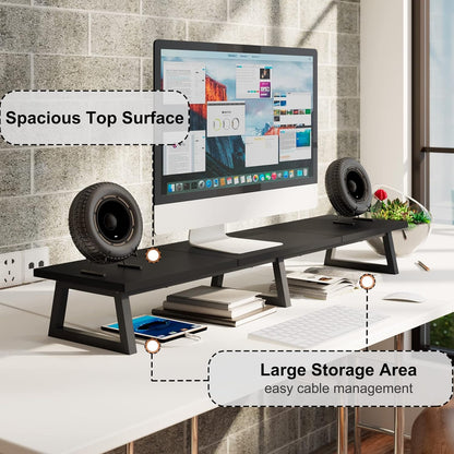 TEAMIX 42 inch Large [Dual] [Monitor] [Riser],Rustic Brown Extra Long TV [Stand Wood & Steel Desktop [Riser] with Storage for [Dual] Screen Office Desk Organization