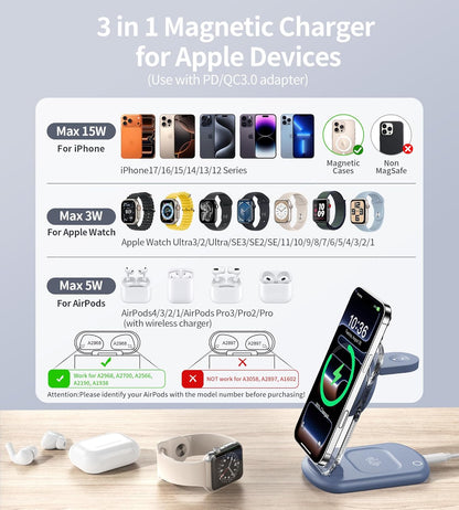 3 in 1 Magnetic Wireless Charging Station for Apple Devices, Fast Foldable Travel Mag-Safe Charger Stand with Night Light for iPhone 17 16 15 14 13 12 Series, Apple Watch/AirPods Pro, BU