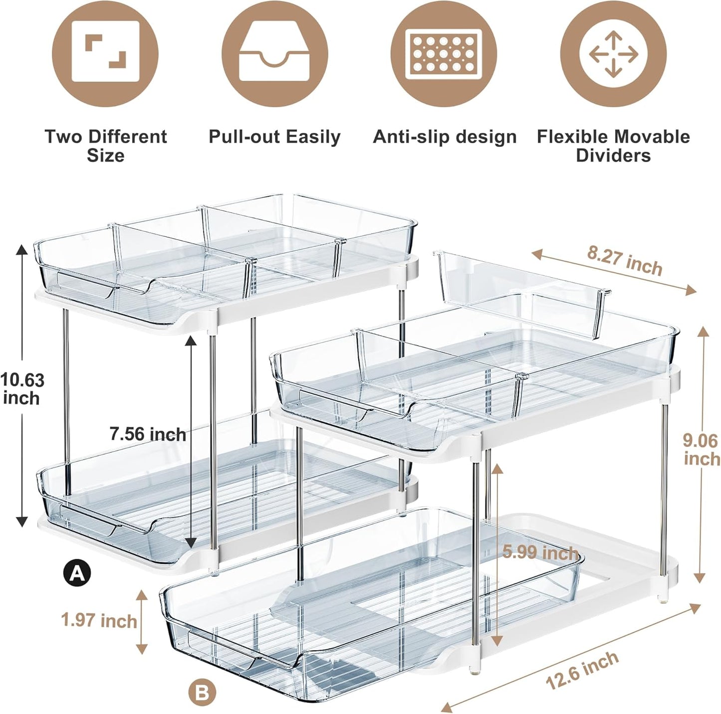 Delamu 2-Tier Multi-Purpose Bathroom Under Sink Organizers and Storage, Stackable Kitchen Pantry Organization, Pull Out Medicine Cabinet Organizer with Movable Dividers, White, 2 Pack
