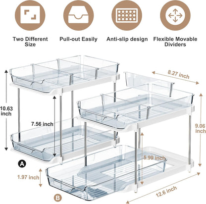 Delamu 2-Tier Multi-Purpose Bathroom Under Sink Organizers and Storage, Stackable Kitchen Pantry Organization, Pull Out Medicine Cabinet Organizer with Movable Dividers, White, 2 Pack