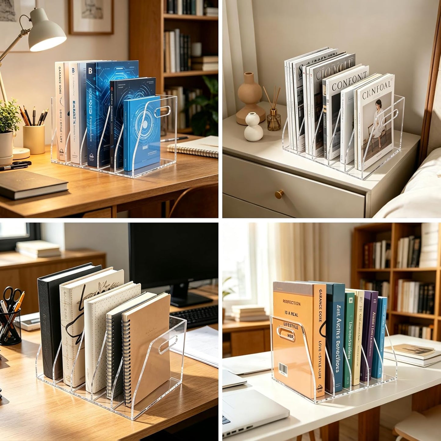 Acrylic Magazine File Holder, 4 Vertical Compartments Desk Document Sorter Organizer, Clear Bookend File Sorter Holder for Office, Documents, Tablets, Magazines, Books