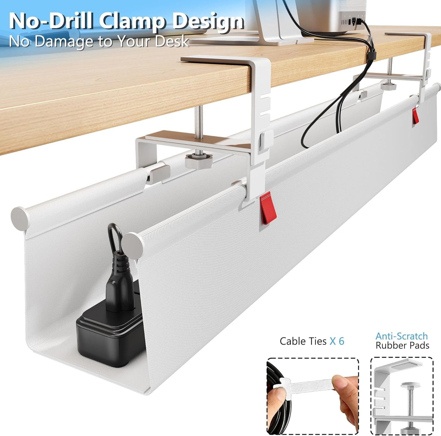 Litwaro Under Desk Cable Management Tray No Drill, 36" Cord Organizer with Clamp for Standing Desk, Premium Fabric Cable Tray with Wire Management for Office Home, Black