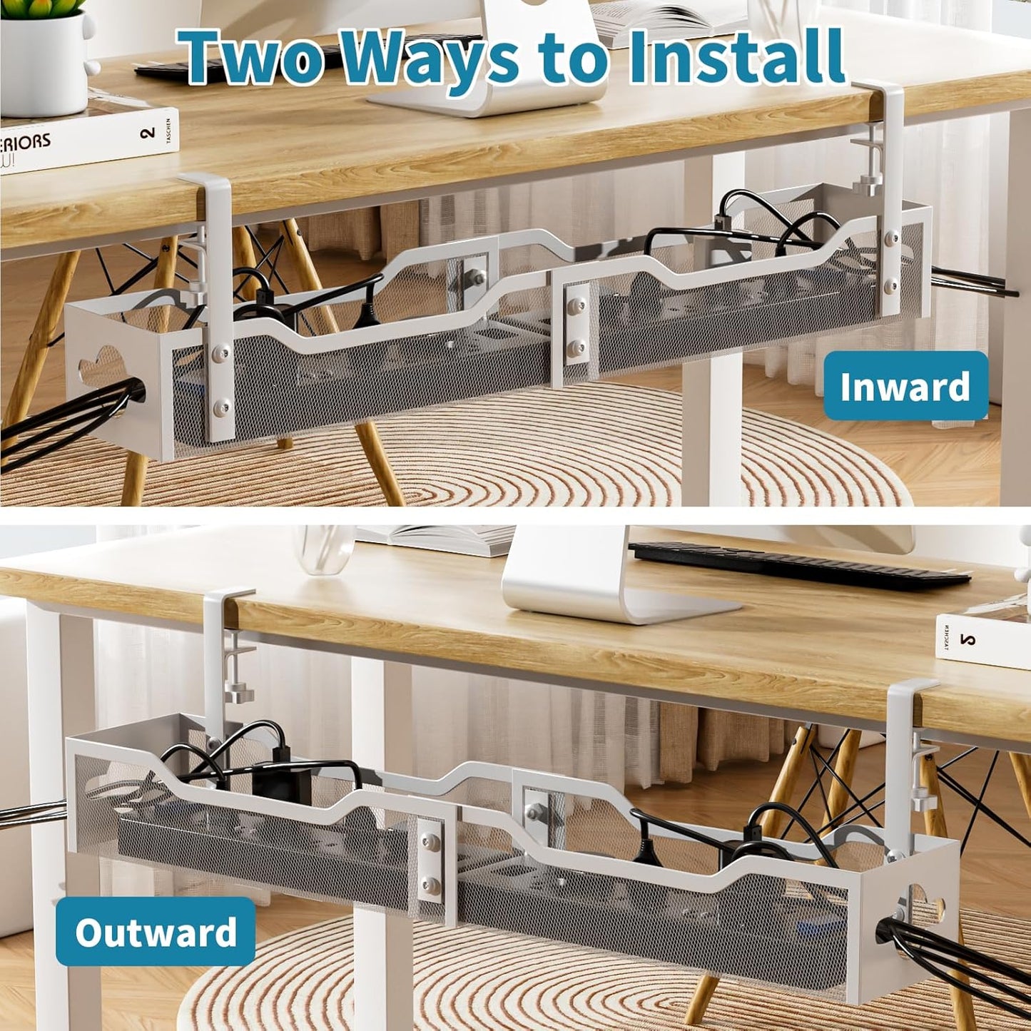 Under Desk Cable Management Tray No Drill, Metal Mesh Cable Management Under Desk with Clamp Mount, 2 Hole Cable Tray with Wire Management and Cord Organizer for Home Office Standing Desk