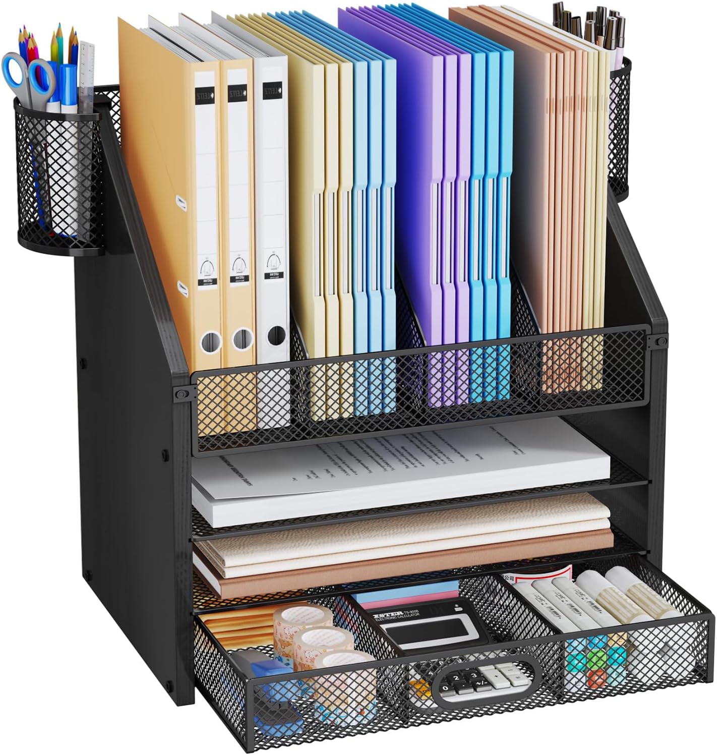 SWTYMIKI Desk Organizer with Drawers - Mesh and Wood Desk File Organizer with Pen Holders, 4-Tier Paper Organizer for Office Organizer and Accessorie, School and Home Storage, Black