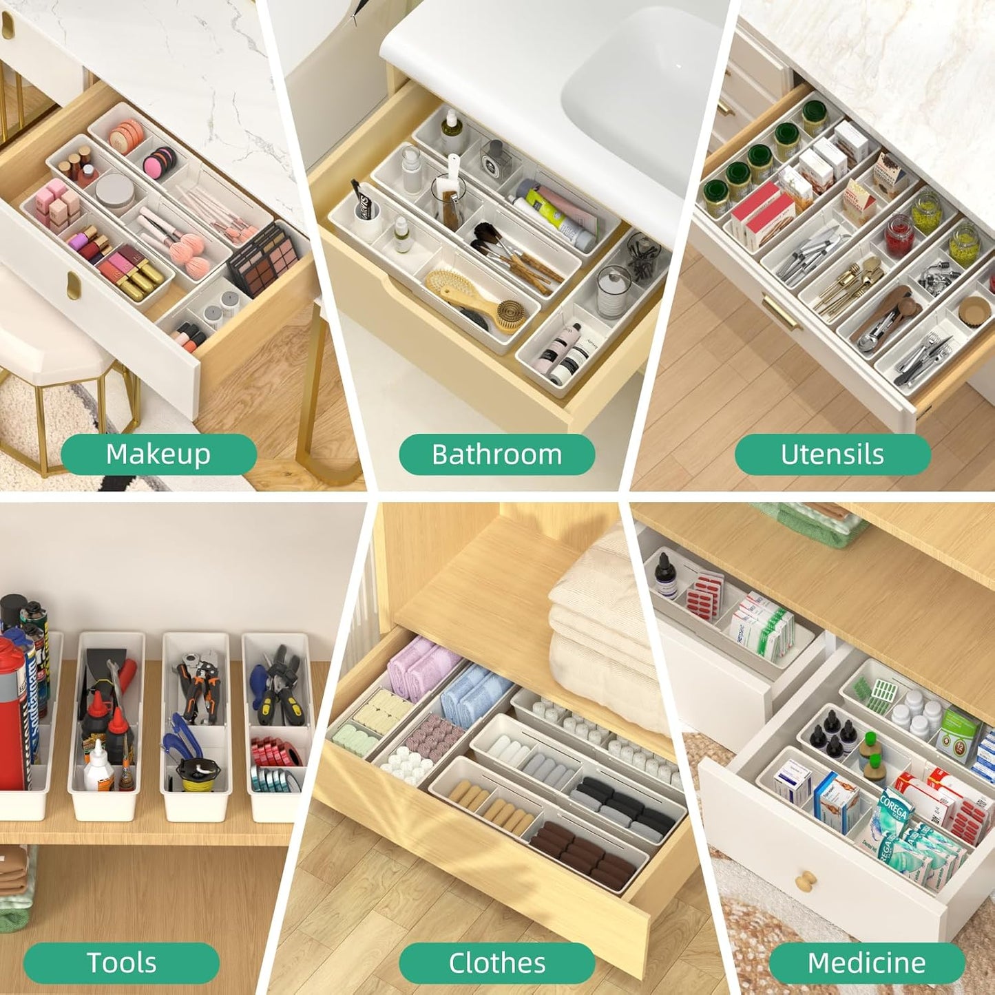 Desk Drawer Organizer Tray, 4 Pack Expandable Drawer Organizer with Dividers Adjustable, Bathroom Organizer Bins for Junk, Office, Makeup, Kitchen Utensil