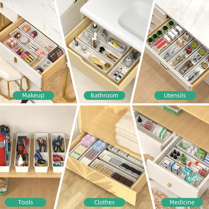 Desk Drawer Organizer Tray, 4 Pack Expandable Drawer Organizer with Dividers Adjustable, Bathroom Organizer Bins for Junk, Office, Makeup, Kitchen Utensil