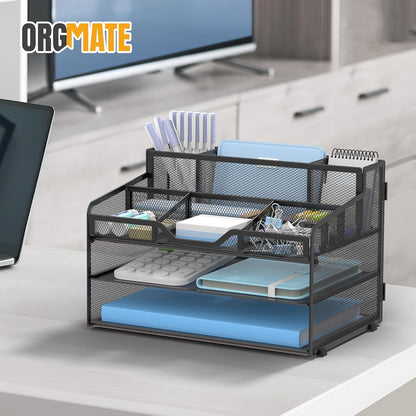 5 Tier Mesh Desk Organizer,Multi Functional Letter Paper Tray with 3 Pen Holders and 5 Adjustable Storage Compartments for Office Supplies Files and Mail Space Saving Desktop Organizer-Black