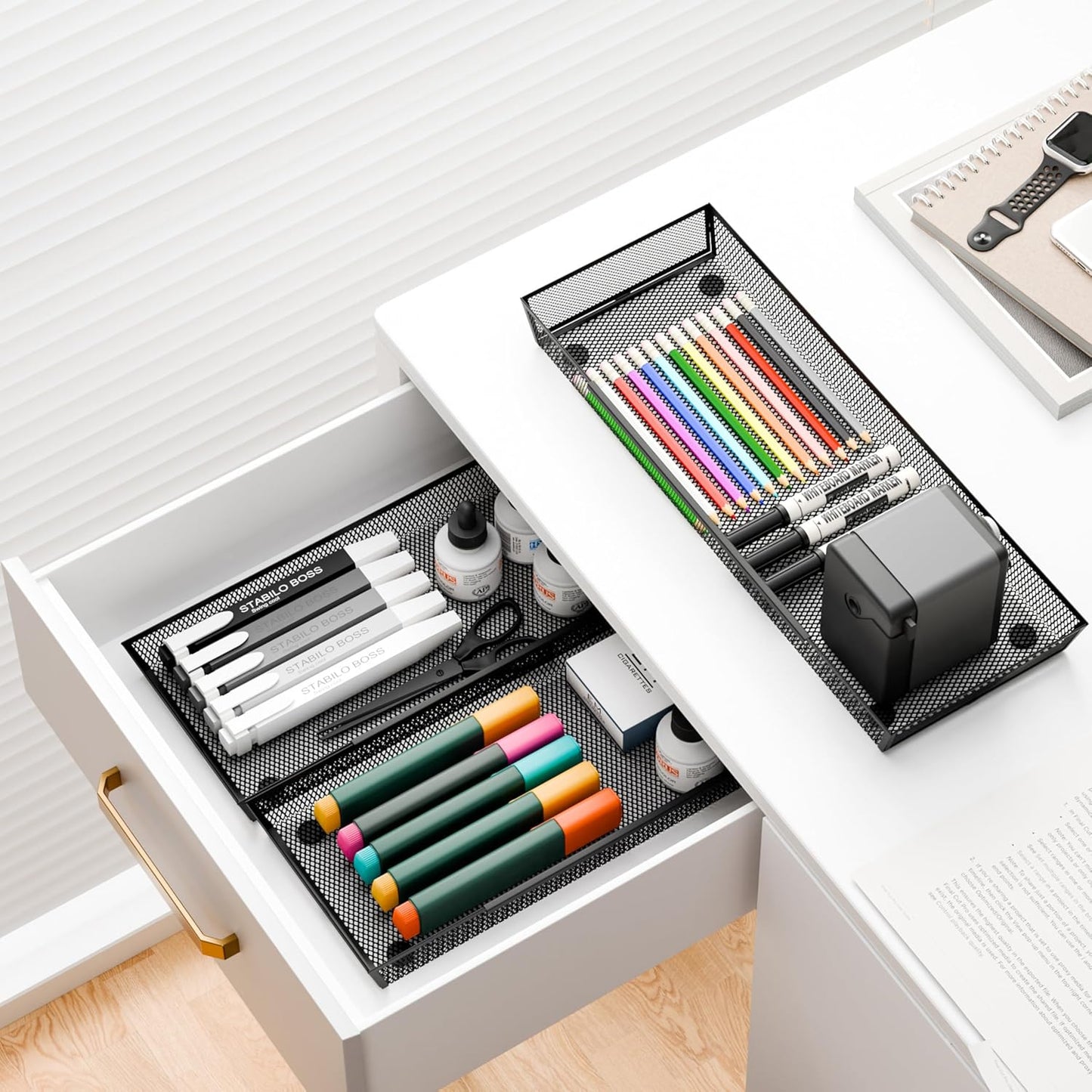 Mesh Tray Silverware Drawer Organizer, Utensil Cutlery Tray Office Supplies with Interlocking Arm Drawer Dividers Organizer for Flatware, Knives,Home,Office, School,Bedroom 12X6'' Black
