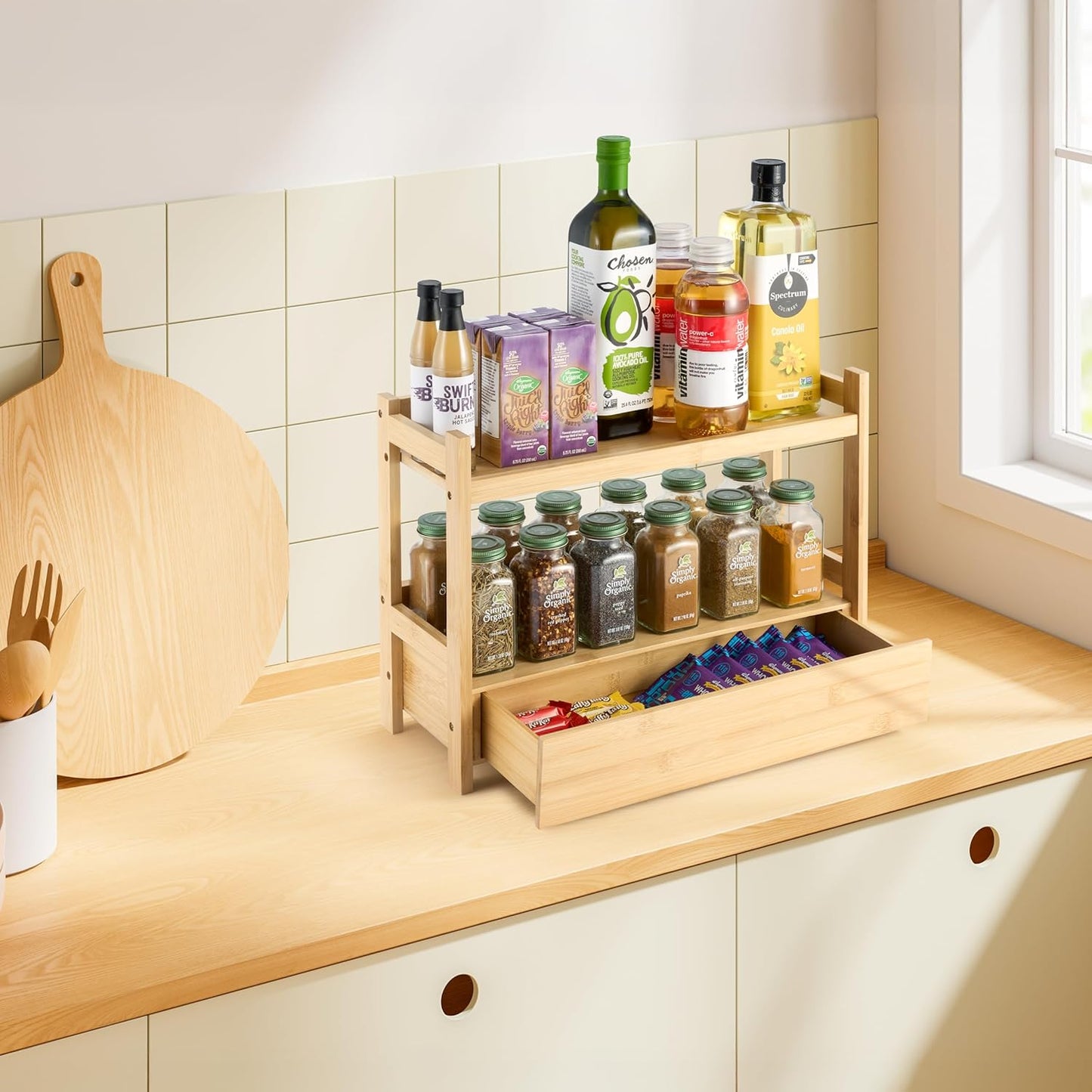 Sorbus Bamboo Bathroom Counter Organizer – 2-Tier Shelf with Hidden Drawer for Vanity, Matcha Station, Bathroom Sink Organizer Countertop, Kitchen & Office Storage (13″ L x 6.5″ W x 12.6″ H)