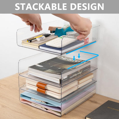 Tiawudi Desk Organizer, Clear Office Organization and Storage, Plastic Letter Tray, Stackable File Organizer for Classroom, Home, Documents, Notes, Folders, Books and Pens, 4 Tier