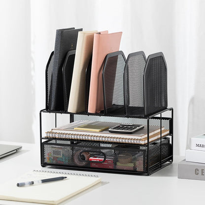 Amazon Basics Mesh Desk Organizer with Sliding Drawer, Double Tray and 5 Upright Sections, File Holder for Office Supplies, Paper Letter Tray, Black