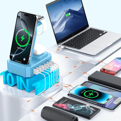 300W Charging Station for Multiple Devices Apple,10 in 1 Wireless Charger for iPhone,GaN III USB C 65W PD Fast Charging Stand Dock for MacBook,iWatch&Airpods (Wireless Charging Only for Apple)