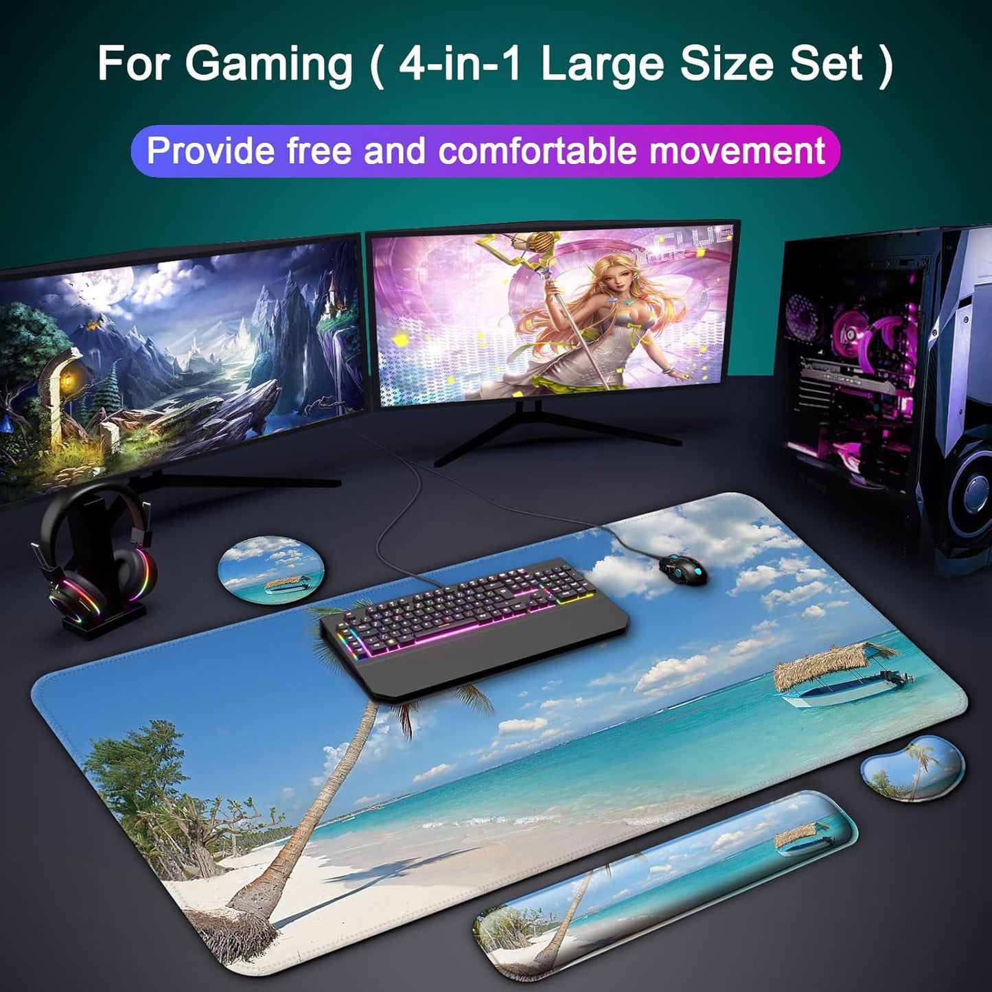 Keyboard Wrist Rest + Mouse Pad with Wrist Support + Desk Mat + Coaster 4 in 1 Set, XXL Large Gaming Mousepad Cute Ergonomic Mouse Pads for Desk Computer Laptop Office Decor-Beach