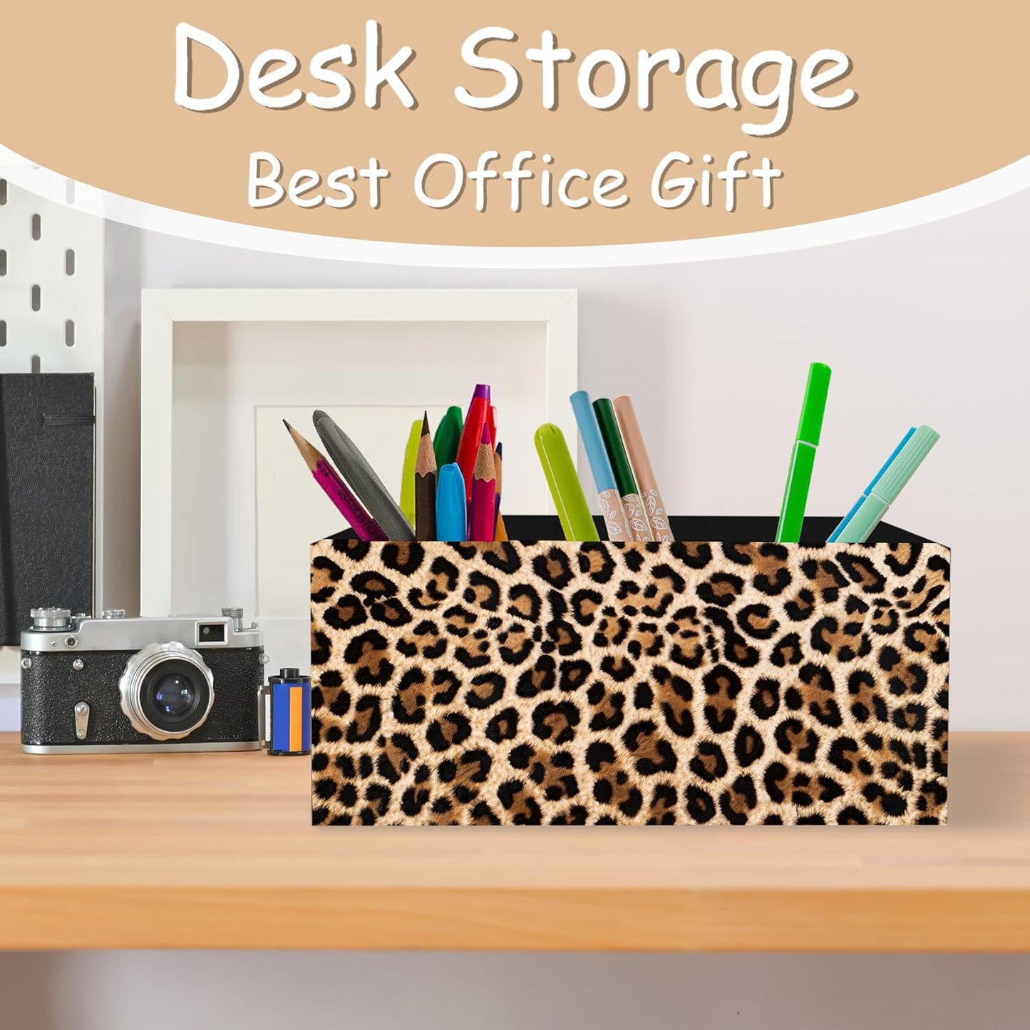 Trendy Funny Leopard Pen Pencil Holder Organizer for Desk, Cheetah Room Decor, Preppy Girly Y2k Aesthetic Cheetah Wooden Box Block Sign for Home Office Tabletop Decor