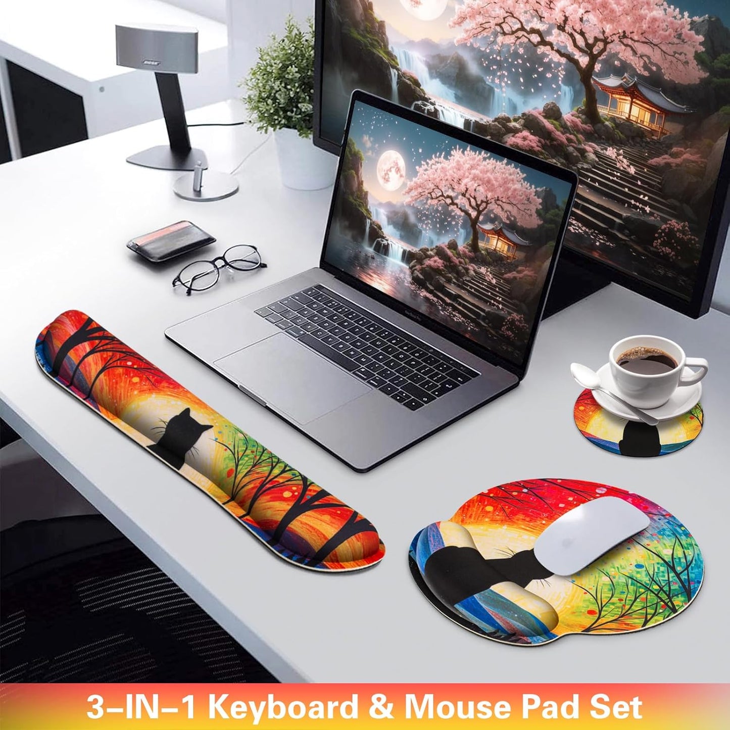 Mouse Pad with Wrist Rest Set, Qomolama 3-in-1 Wrist Support Mouse Pad Set, Floral Gaming Mousepad with Anti-Skid Base,Ergonomic Mouse Pad,Memory Foam Keyboard Gel Wrists Rest